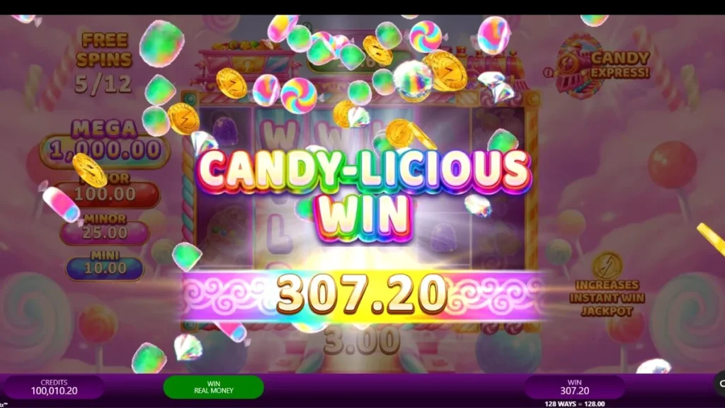 Candy Express Gold Blitz slot machine interface with vibrant candy theme