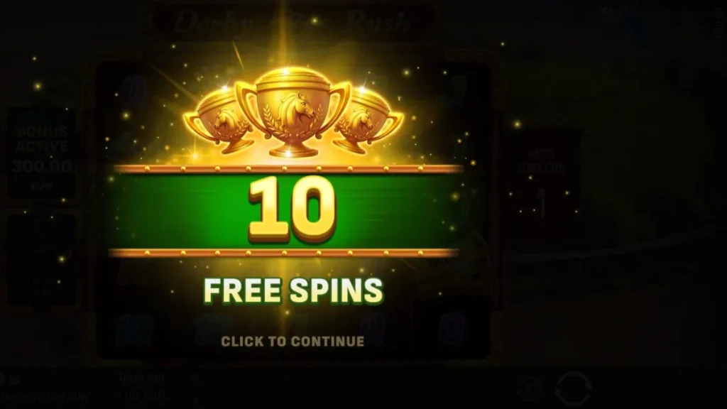 Derby Rush slot machine interface featuring horse racing symbols and golden accents
