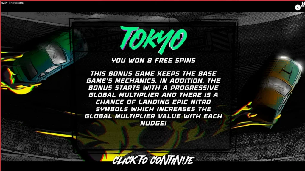 Nitro Nights اسلاٹ کا نیون تھیم اور ریسنگ کار کا منظر