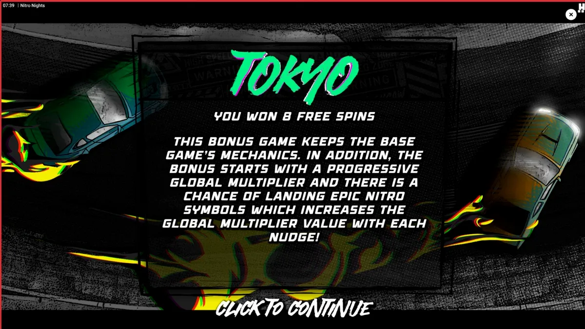 Nitro Nights اسلاٹ کا نیون تھیم اور ریسنگ کار کا منظر